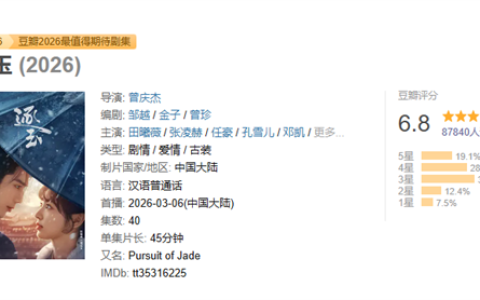 开年第一部爆款古装网剧 《逐玉》豆瓣开分6.8 网友：很难相信是2026年的剧