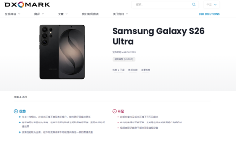 三星Galaxy S26 Ultra DXO影像得分157：全球第18 不敌小米17 Pro Max