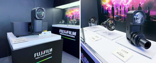 富士胶片新品FP-ZUH12000投影机（左）与三款可选镜头（右）