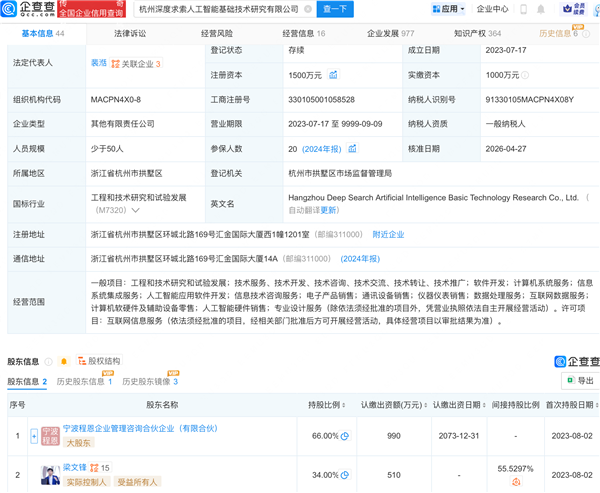 梁文锋持股从1%至 34% DeepSeek注册资本提50% 大变局释放明确信号