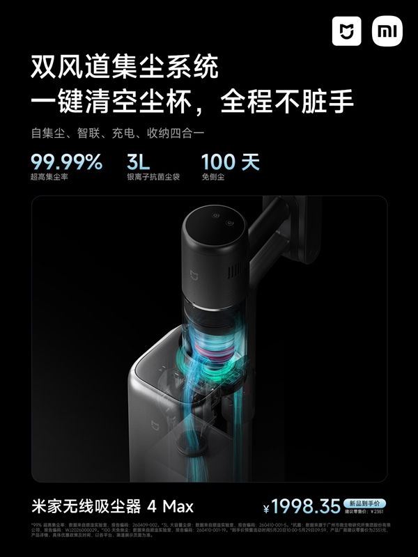 1999元！小米推出米家无线吸尘器4 Max：15万转电机、100天免倒尘