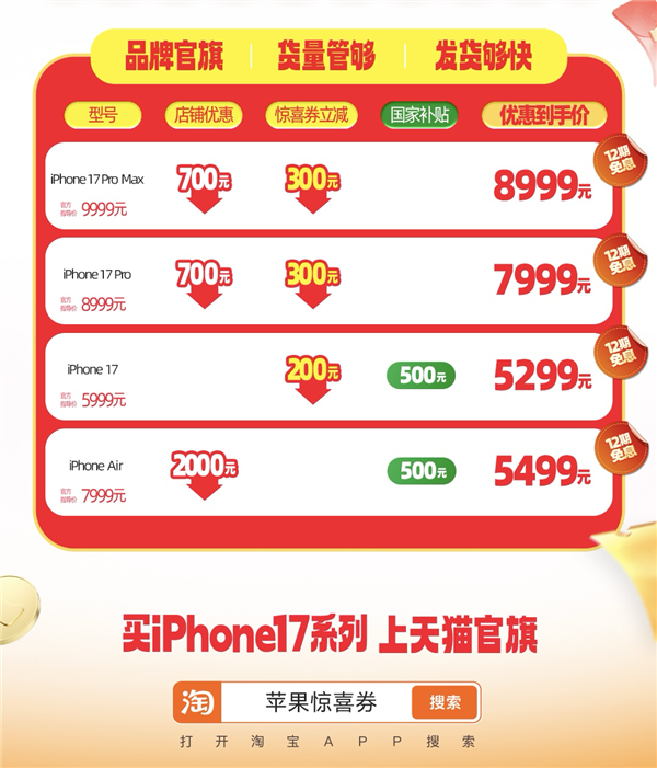 iPhone 17/Air全系官方降价来了：最高立减2500元！5299元起