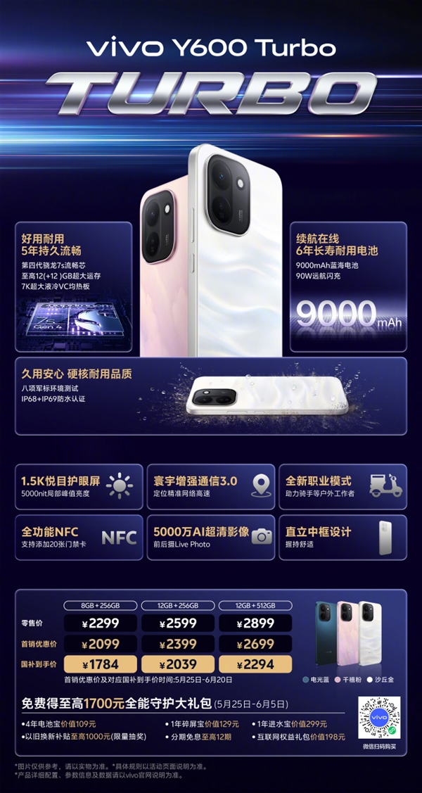 国补1784元起！vivo Y600 Turbo发布：9000mAh电池干掉充电宝 6年耐用