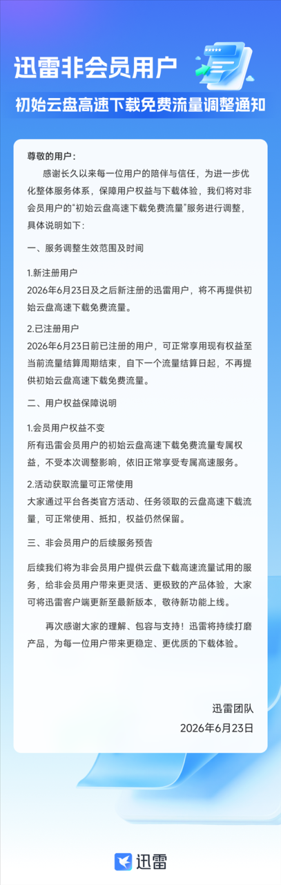 迅雷宣布重大调整：非会员不再提供初始云盘高速下载免费流量