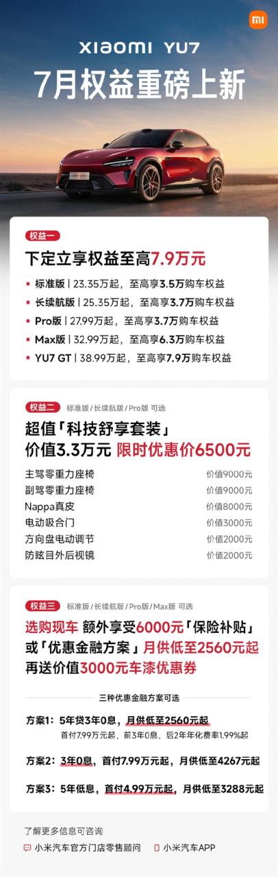 小米YU7 7月购车权益重磅上新：下定享权益至高7.9万元